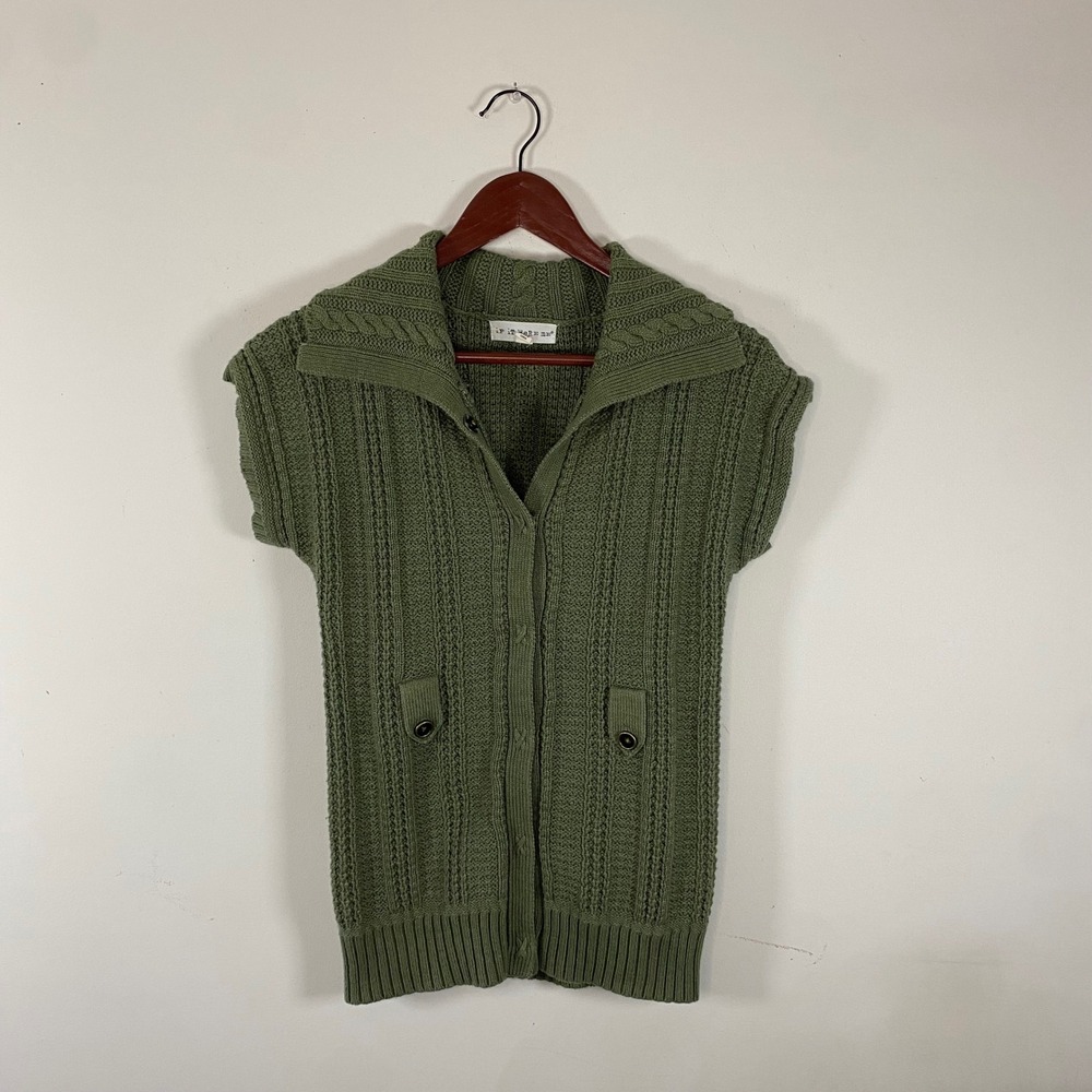 If It Were Me Women's Olive Green Knit Sleeveless Cardigan Vest cape collar L